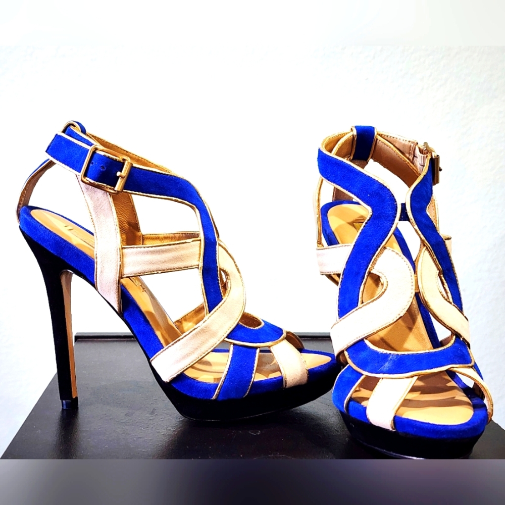 BCBGMaxAzria Royal Blue and Gold Strappy High Heel Sandals